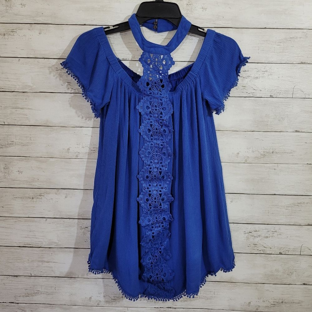 Entro Blue Boho Off the Shoulder Halter Top Size‎ Small